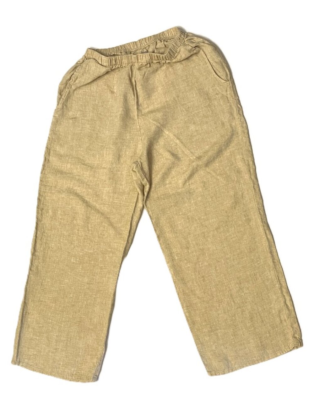 FLAX Pants 100% Linen Sz P (XS 4-6) Pale Yellow Elastic Waist Pockets Lagenloook